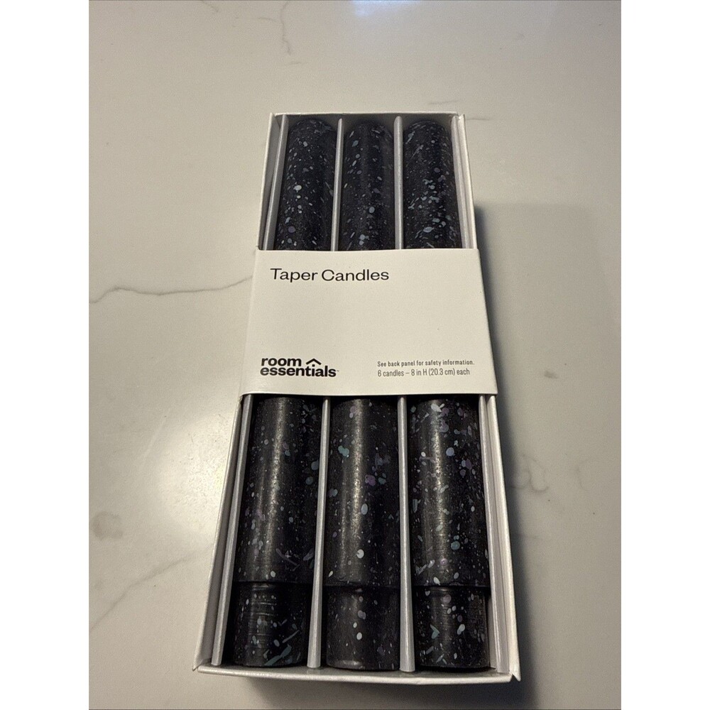 Room Essentials 6pk 8in Black Speckle Taper Candle Set Modern Style